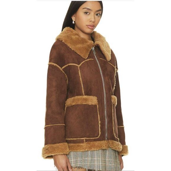 Revolve Line & Dot OVERSIZED Jackson Faux Suede Shearling Coat Brown XS NWT - Picture 2 of 9